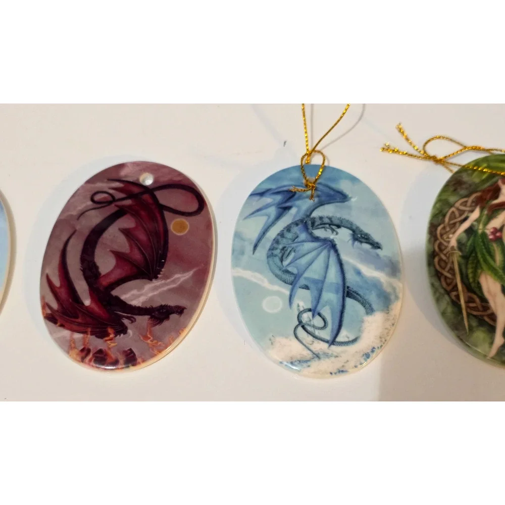 Set of 5 Christmas Ornaments Mickie Mueller Dragons Enchanted Porcelain 3.25
